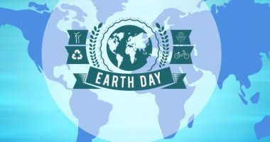 Mavi dünya haritası üzerinde Dünya Günü metin ve logosunun animasyonu. küresel koruma ve yeşil farkındalık kavramı dijital olarak oluşturulmuş video.