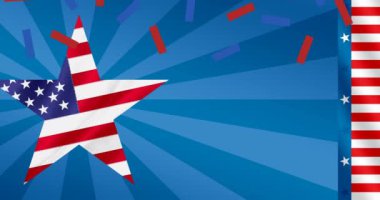 Amerikan bayrağıyla boyanmış konfeti ve yıldız animasyonu. Vatanseverlik ve kutlama konsepti dijital olarak oluşturulmuş video.