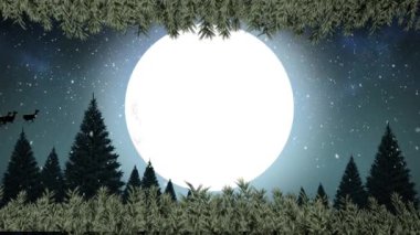 Kış manzarası ve ay boyunca Noel Baba 'nın ren geyikleriyle kızakta canlandırılması. Noel, gelenek ve kutlama konsepti dijital olarak oluşturuldu.