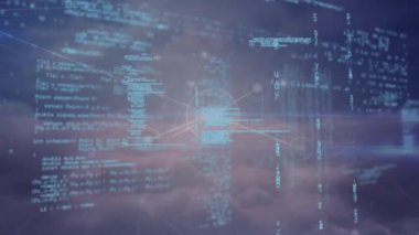 Gökyüzü üzerindeki bağlantı ağlarının ve veri işleme ağının animasyonu. küresel bağlantılar, dijital arayüz, dijital olarak oluşturulan veri işleme konsepti.