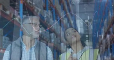 Depoda çalışan kadın ve erkeğin istatistik ve mali veri işleme animasyonları. küresel gönderim ve bağlantılar konsepti dijital olarak oluşturulmuş video.