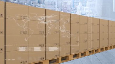 Taşıyıcı banttaki karton kutuların üzerinden geçen istatistiklerin animasyonu. küresel gönderim ve bağlantılar konsepti dijital olarak oluşturulmuş video.