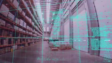 Boş bir depoda veri işleme animasyonu. küresel sevkiyat, dağıtım ve bağlantılar konsepti dijital olarak oluşturulmuş video.