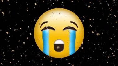 Konfetilerin düşmesi üzerine ağlayan emoji ikonu animasyonu. küresel sosyal medya ve iletişim konsepti dijital olarak oluşturulmuş video.