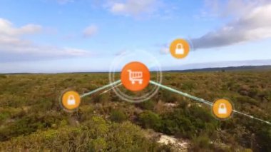 Manzara üzerindeki simgelerle bağlantı ağının animasyonu. küresel çevrimiçi bağlantılar, dijital arayüz ve dijital olarak oluşturulan iletişim konsepti.