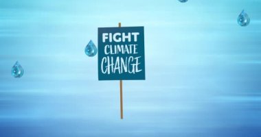 Mavi arka planda düşen su damlacıkları ile iklim değişikliğiyle mücadele metninin canlandırması. küresel koruma ve yeşil farkındalık kavramı dijital olarak oluşturulmuş video.