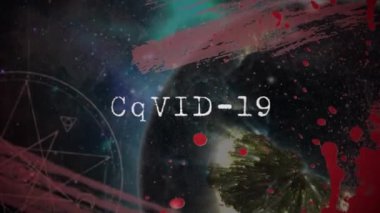 Dünya üzerinde covid 19 metnin animasyonu. küresel covid 19 komplo teorisi, tıp ve sağlık hizmetleri konsepti dijital olarak oluşturulmuş video.
