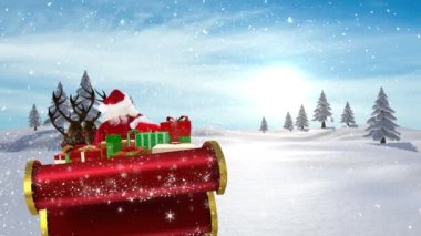 Noel Baba 'nın kızakta Noel hediyeleri ve kış manzarasına yağan karla canlandırılması. Noel, gelenek ve kutlama konsepti dijital olarak oluşturuldu.