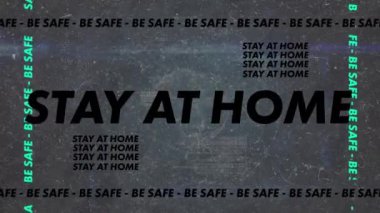 Bağlantı ağı üzerinden evde kalma metninin canlandırması. küresel covid 19 salgın, ilaç ve sağlık hizmetleri konsepti dijital olarak oluşturulmuş video.