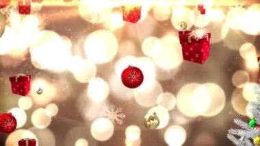 Süslü beyaz Noel ağacı, düşen kar taneleri, bokeh ışıklarında hediyeler ve takılar. Noel, kış mevsimsel selamlar ve dijital olarak oluşturulan kutlama konsepti.