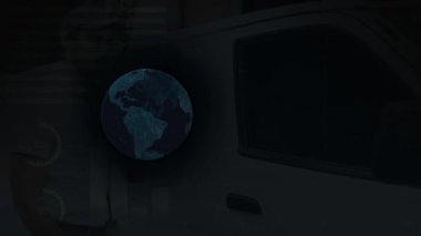 Teslimatçının üzerindeki dünya bağlantılarının animasyonu. küresel gönderim ve bağlantılar konsepti dijital olarak oluşturulmuş video.