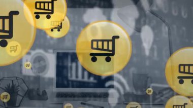 Ofis üzerinde hareket eden simgelerin canlandırması. ticari, ağ, bağlantılar, teknoloji ve dijital arayüz kavramı dijital olarak oluşturulmuş video.