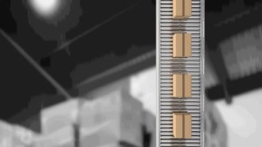 Karton kutuların ambarın üzerinde taşıyıcı bant üzerinde hareket etmesinin animasyonu. küresel gönderim ve bağlantılar konsepti dijital olarak oluşturulmuş video.