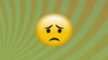 Çizgili arka planda hüzünlü emoji animasyonu. Sosyal medya ve iletişim konsepti dijital olarak oluşturulmuş video.