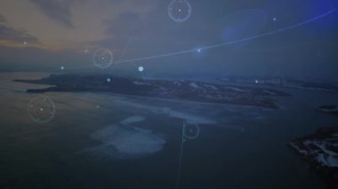 Manzara üzerindeki bağlantı ağlarının animasyonu. küresel bağlantılar, dijital arayüz, dijital olarak oluşturulan veri işleme konsepti.