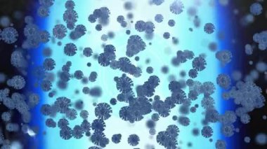Mavi arkaplandaki Coperid 19 hücrelerinin canlandırması. küresel covid 19 salgın, ilaç ve sağlık hizmetleri konsepti dijital olarak oluşturulmuş video.