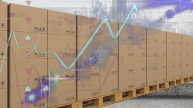 Taşıyıcı banttaki karton kutuların üzerinden geçen istatistiklerin animasyonu. küresel gönderim ve veri işleme kavramı dijital olarak oluşturulmuş video.