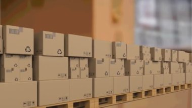 Karton kutuların ambarın üzerinde taşıyıcı bant üzerinde hareket etmesinin animasyonu. küresel gönderim ve bağlantılar konsepti dijital olarak oluşturulmuş video.
