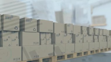 Taşıyıcı banttaki karton kutuların üzerinden geçen istatistiklerin animasyonu. küresel gönderim ve bağlantılar konsepti dijital olarak oluşturulmuş video.