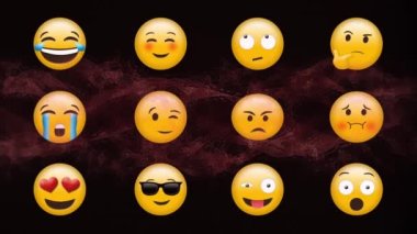 Kırmızı hareket eden dalga üzerinde emoji simgelerinin animasyonu. küresel sosyal medya ve iletişim konsepti dijital olarak oluşturulmuş video.