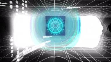 Siyah beyaz ızgara üzerinde hareket eden veri işleme ile dijital arayüz ekranlarının animasyonu. küresel iletişim ve dijital arayüz teknolojisi kavramı dijital olarak oluşturulmuş video.