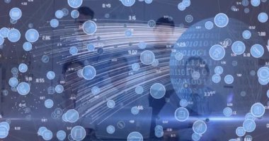 İş adamları üzerinden dünya ile olan bağlantıların animasyonu. küresel iş, çevrimiçi bağlantılar, dijital arayüz ve dijital olarak oluşturulmuş iletişim konsepti.