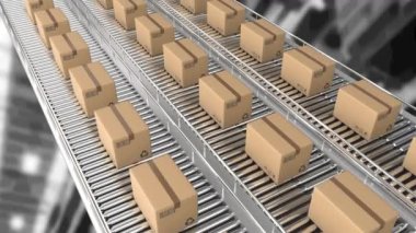 Karton kutuların depodaki taşıma bantlarında hareket etmesi. küresel gönderim ve bağlantılar konsepti dijital olarak oluşturulmuş video.