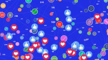 Mavi arkaplandaki simgelerle bağlantı ağının canlandırılması. Sosyal medya ve iletişim arayüzü kavramı dijital olarak oluşturulmuş video.