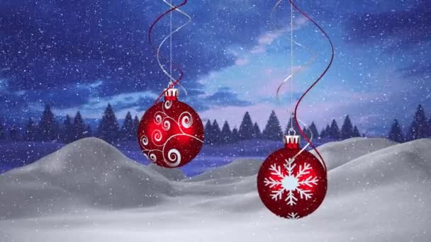 Animatie Van Sneeuw Vallen Rode Kerstballen Decoraties Kerstmis Traditie Viering — Stockvideo