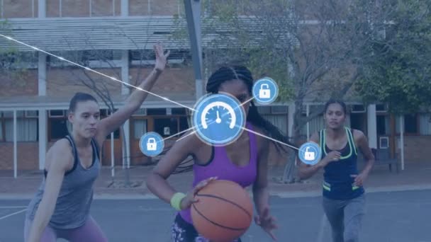 Animazione Reti Connessioni Giocatori Basket Femminili Social Media Globali Connessioni — Video Stock