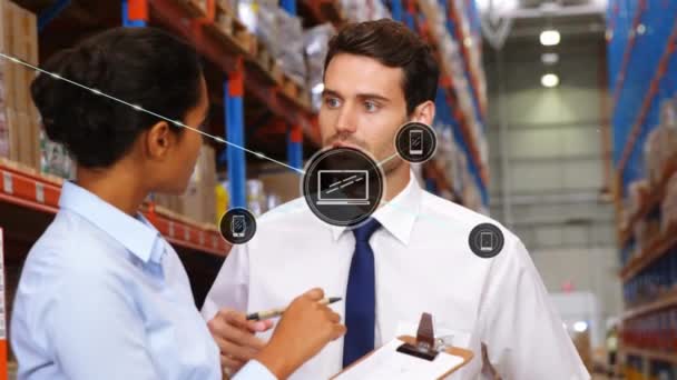 Animation Networks Connections Icons People Working Warehouse Global Shipping Connections — Stock Video