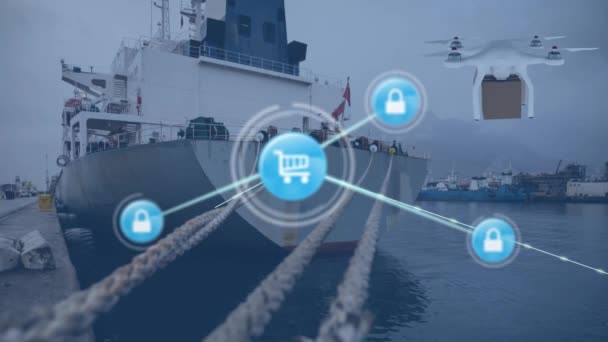 造船所上の接続とデジタルドローンのネットワークのアニメーション グローバルソーシャルメディア接続デジタルインターフェースの概念デジタル生成ビデオ — ストック動画
