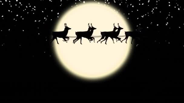 Animatie Van Kerstman Slee Met Rendieren Boven Maan Sterren Kerstmis — Stockvideo