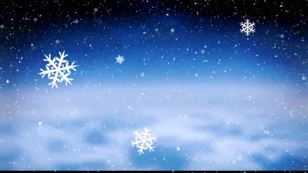 Animación Nieve Cayendo Sobre Nubes Cielo Azul Navidad Invierno Celebración — Vídeo de stock