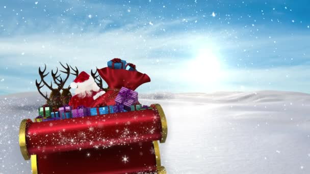 Animatie Van Kerstman Slee Met Kerstcadeaus Sneeuw Vallen Het Winterlandschap — Stockvideo