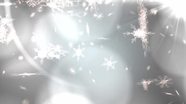 Animatie Van Groene Boomtoppen Met Vallende Sneeuwvlokken Grijze Achtergrond Kerstmis — Stockvideo