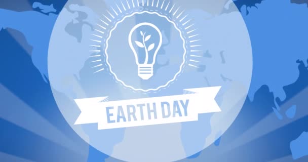Анимирование Текста Дня Земли Логотипа Лампочки Над Синей Картой Мира — стоковое видео