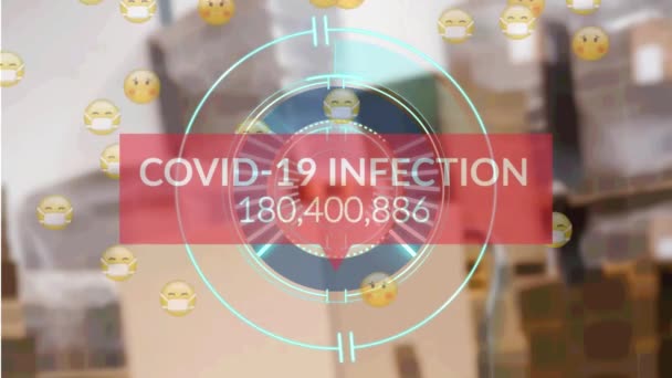 Animación Del Contador Infecciones Covid Emojis Enfermos Sobre Paquetes Almacén — Vídeos de Stock