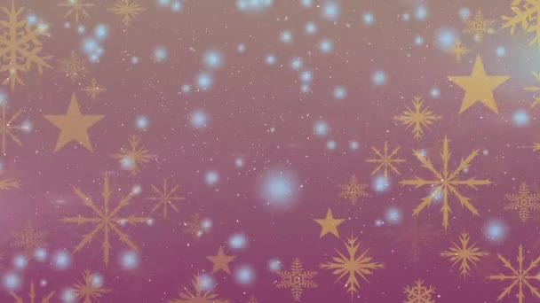 赤い背景に雪の結晶や星の上に降る雪のアニメーション クリスマス冬お祝いのコンセプトデジタル生成ビデオ — ストック動画