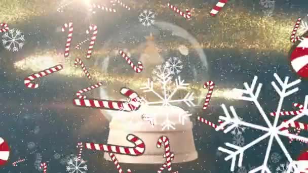 Animación Nieve Bastones Caramelo Cayendo Sobre Globo Nieve Navidad Con — Vídeos de Stock