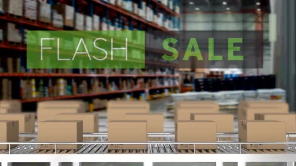 Animation Flash Sale Text Cardboard Boxes Conveyor Belts Global Delivery — Stock Video