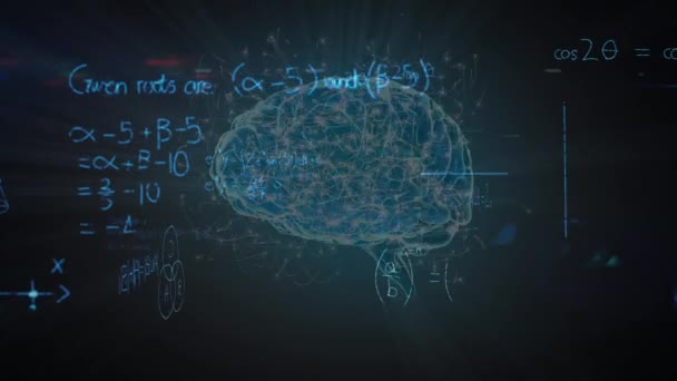 黑色背景下人脑数字模型上数学方程的动画化 全球教育 数字接口和技术概念 — 图库视频影像