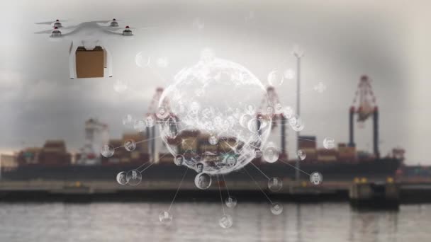 Animation Réseau Connexions Sur Drone Avec Colis Sur Chantier Naval — Video