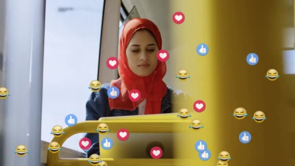 Animation Falling Social Media Icons Emojis Woman Hijab Bus Global — Stock Video