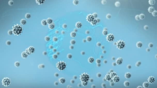 世界中を飛び回る19個の細胞のアニメーション グローバルCovid 19パンデミック医療サービスコンセプトデジタルで生成されたビデオ — ストック動画