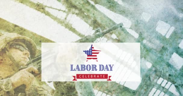 Animation Labor Day Text Soldier Gun Patriotism Celebration Concept Digitally — Stock Video