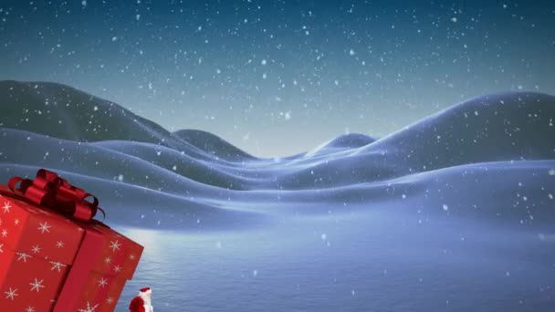 Animación Santa Claus Llevando Enorme Regalo Navidad Nieve Cayendo Paisaje — Vídeo de stock