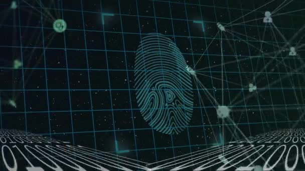 Animering Databehandling Med Biometriska Fingeravtryck Och Nätverk Anslutningar Över Mörk — Stockvideo