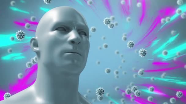 人間の頭と光の上にCovid 19細胞の落下のアニメーション グローバルヘルスとヘルスケアサービスのコンセプトデジタルで生成されたビデオ — ストック動画