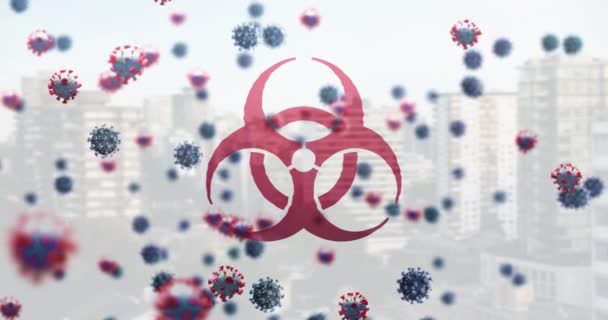 Animation Biohazard Sign Cityscape Coronavirus Cells Floating Global Covid Pandemic — Stock Video